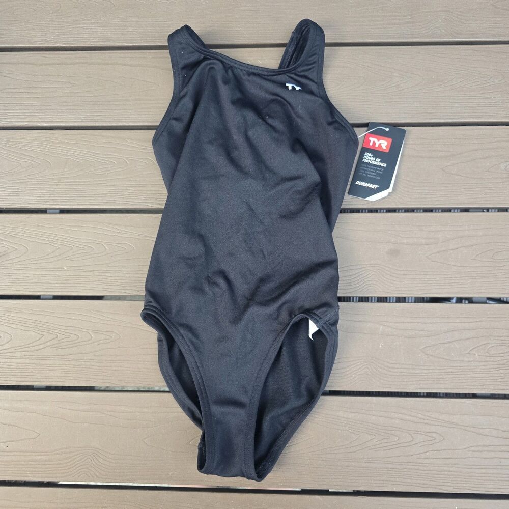 TYR Durafast Elite Solid black MaxFit 1 Pc Swim Girls Youth Sz 24 NEW
